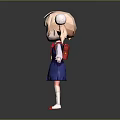 Cute 3D Cartoon Character With Pink Twin Buns Green Eyes Red Bow And Blue Skirt