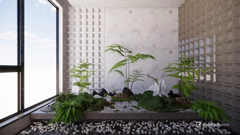 Indoor Landscape with Large Window White Wall Grid Panels Green Ferns Stones and Pebble Floor 3d model 