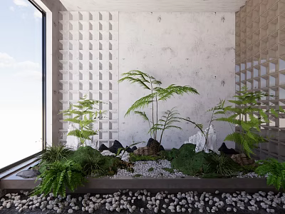 Indoor Landscape with Large Window White Wall Grid Panels Green Ferns Stones and Pebble Floor 3d model