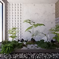 Indoor Landscape with Large Window White Wall Grid Panels Green Ferns Stones and Pebble Floor