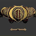 Detailed Game Movie Character In Ornate Gold And Red Decorated Armor With Intricate Design