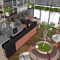 Modern Coffee Shop Interior With Counter Coffee Machines Plants Large Windows Tables And City View