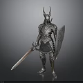 A Man in Horned Helmet and Metallic Armor Holding Long Sword and Shield