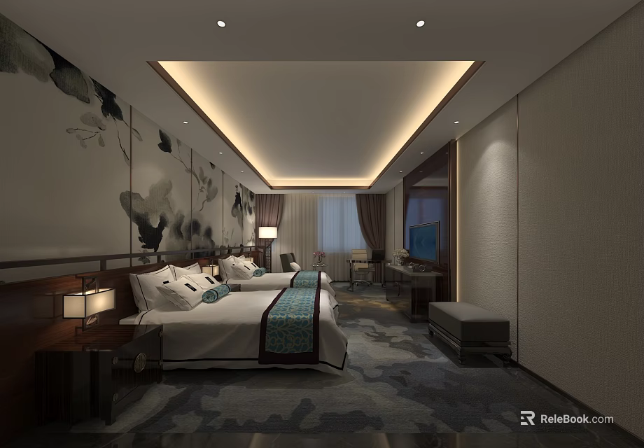 Elegant Hotel Guest Room Interior With Double Beds Wall Murals And Carpet 3d model 