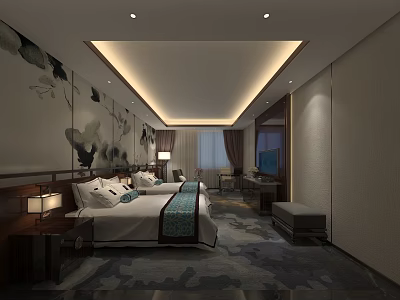 Elegant Hotel Guest Room Interior With Double Beds Wall Murals And Carpet 3d model
