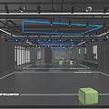 Modern Ballroom Interior With Black Floor Blue White Ceiling Light Strips Glass Partitions And Seats