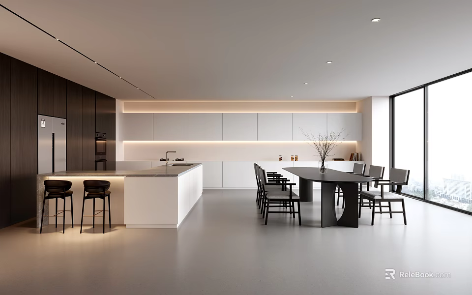 Modern Restaurant Interior Design With Open Kitchen Island Counter And Dining Table 3d model 