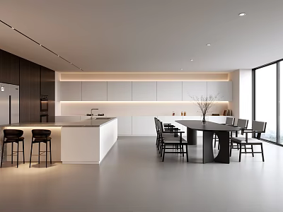 Modern Restaurant Interior Design With Open Kitchen Island Counter And Dining Table 3d model