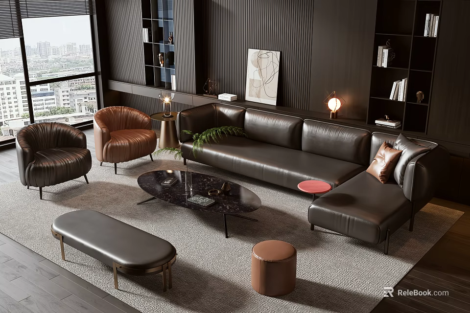 Modern Black Leather Sofa And Marble Coffee Table Set With Armchairs And Decorative Carpet 3d model 