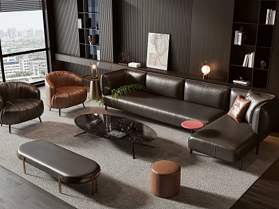 Modern Black Leather Sofa And Marble Coffee Table Set With Armchairs And Decorative Carpet 3d model