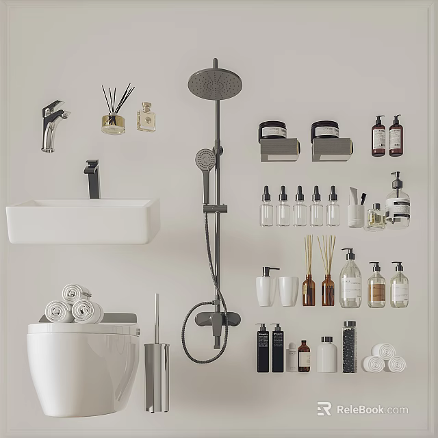 Essential Bathroom Accessories Including Shower Head Sink Toilet Bottles And Towels 3d model 