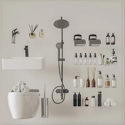 Essential Bathroom Accessories Including Shower Head Sink Toilet Bottles And Towels 3d model