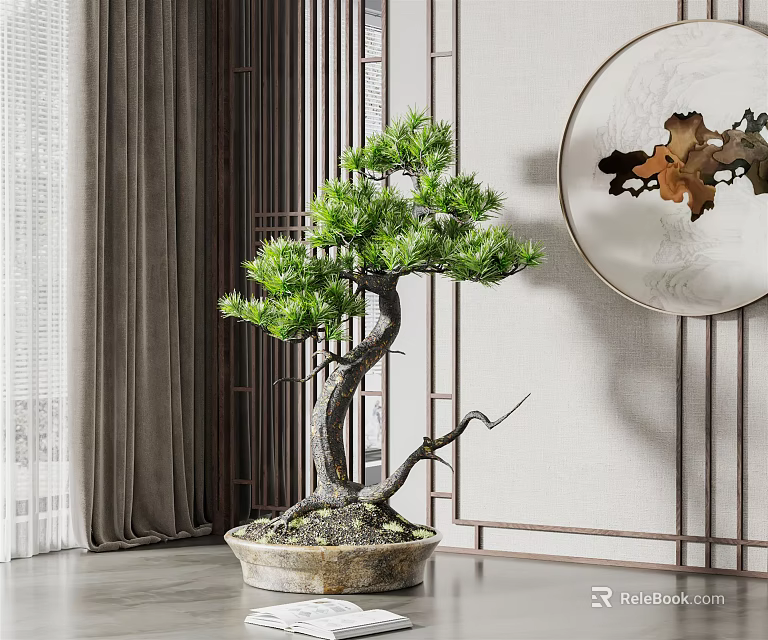 Elegant Bonsai Plant with Curved Trunk and Lush Foliage in Stone Pot Chinese Decor 3d model 