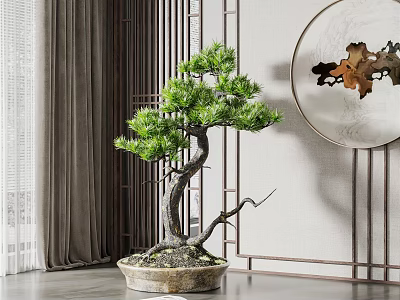 Elegant Bonsai Plant with Curved Trunk and Lush Foliage in Stone Pot Chinese Decor 3d model