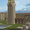 Modern Residential Buildings With Clock Tower Red Roof Waterfront Green Lawn And Stone Railings