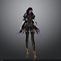 Woman in Black Outfit With Purple Gold Accents Long Gloves And Decorative Boots