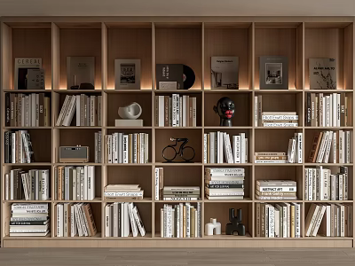 Modern Wooden Bookshelf Interior With Multiple Compartments Organized Books And Decorative Frames 3d model