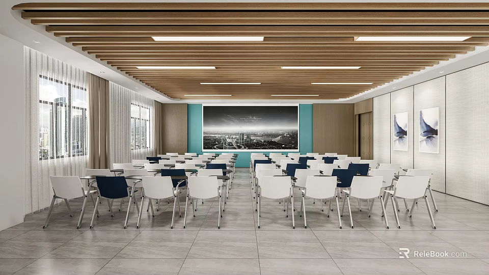 Spacious Conference Room Interior With Wooden Beams Linear Lights Large Cityscape Screen Windows And Arranged Tables 3d model 