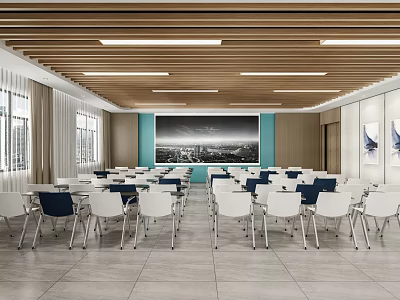Spacious Conference Room Interior With Wooden Beams Linear Lights Large Cityscape Screen Windows And Arranged Tables 3d model