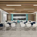 Spacious Conference Room Interior With Wooden Beams Linear Lights Large Cityscape Screen Windows And Arranged Tables