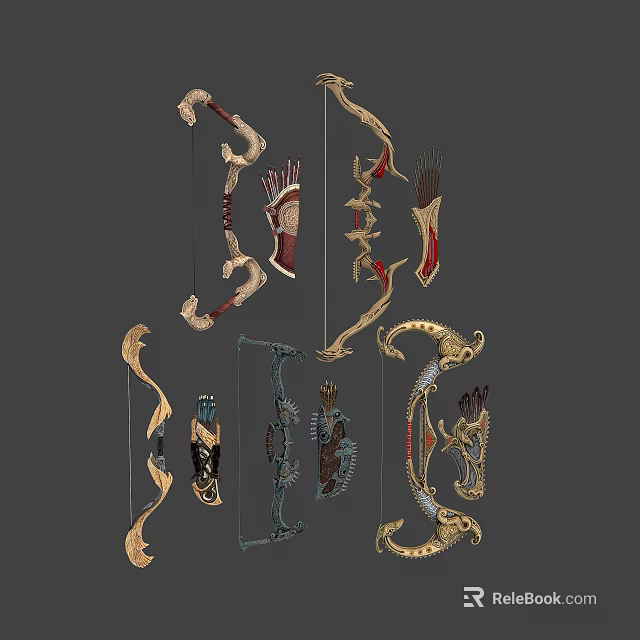 Ornate Weapon Bows With Intricate Carvings And Diverse Design Elements 3d model