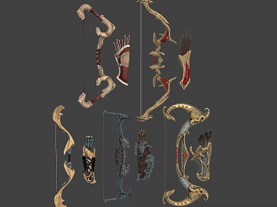 Ornate Weapon Bows With Intricate Carvings And Diverse Design Elements 3d model