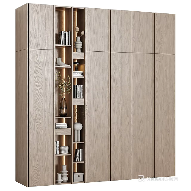 Modern Wooden Bookcase Interior Design With Books Decorative Vases And Ornaments 3d model 