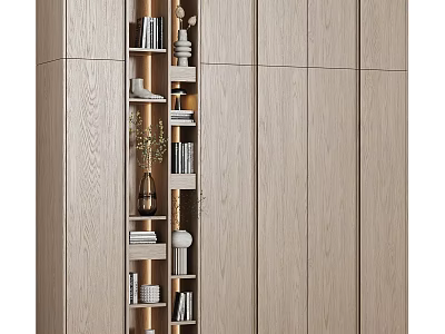 Modern Wooden Bookcase Interior Design With Books Decorative Vases And Ornaments 3d model