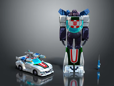 Detailed Collectible Robot Action Figure and White Sports Car Model with Small Blue Accessory 3d model