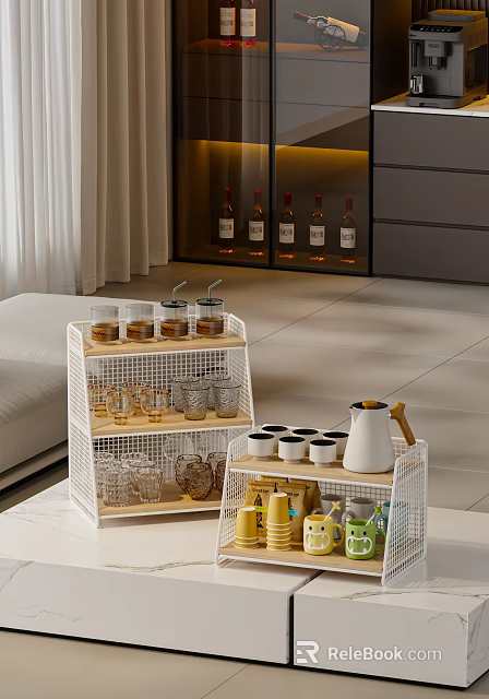 Stylish Wine Bottles And Glasses On White Wire Rack With Wooden Shelves In Modern Cabinet 3d model 