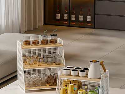 Stylish Wine Bottles And Glasses On White Wire Rack With Wooden Shelves In Modern Cabinet 3d model