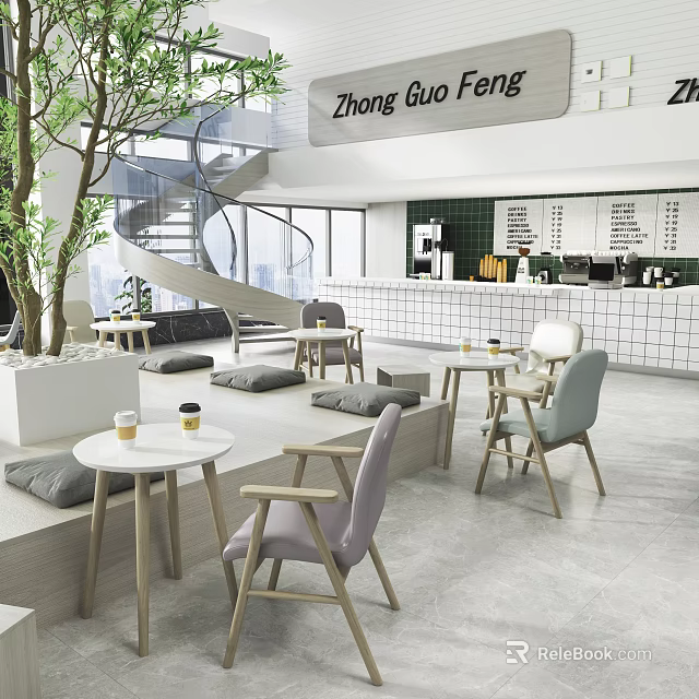 Modern Cafe Interior With Spiral Staircase Indoor Plant Wooden Tables Chairs And Bar Counter 3d model 