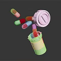 Medical Device White Medicine Bottle With Open Cap And Red White Capsules Falling Out