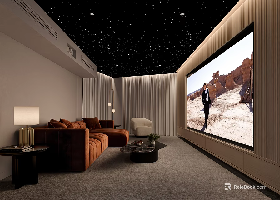 Modern Home Theater With Starry Ceiling Large Screen Brown Sofa And Soft Lighting 3d model