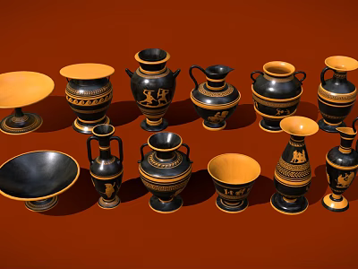 Decorative Black And Gold Greek Style Ceramic Vases And Bowls For Home 3d model