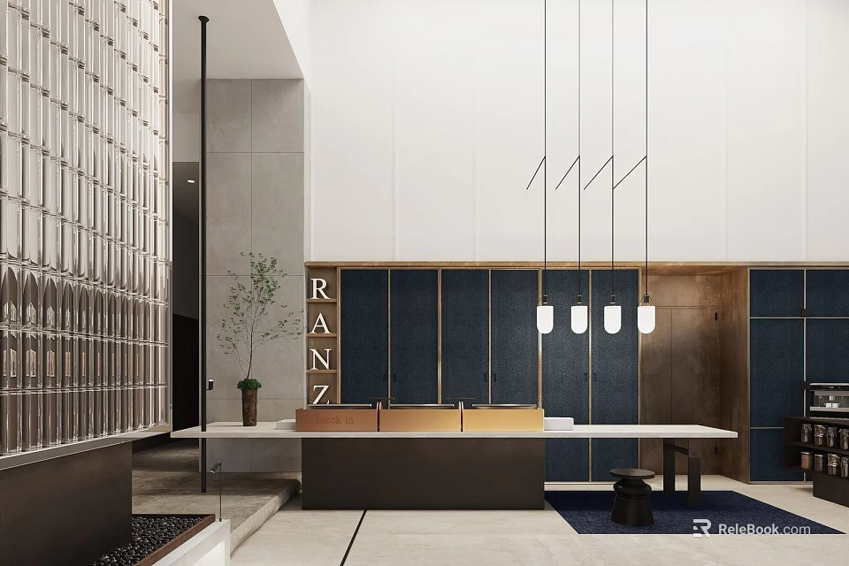 Elegant Modern Hotel Lobby Interior With Sleek Reception Counter And Chic Hanging Pendant Lights 3d model 
