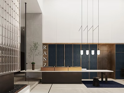 Elegant Modern Hotel Lobby Interior With Sleek Reception Counter And Chic Hanging Pendant Lights 3d model