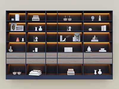 Modern Stylish Bookcase with Multiple Compartments Built in Lighting and Decorative Items 3d model