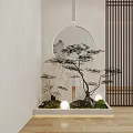 Minimalist Chinese Entryway Hallway Design With Circular Arch Potted Plant And Striped Screen Lighting