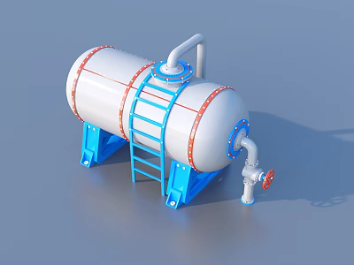 Industrial Equipment Storage Tank With White Cylindrical Body Red Rings Blue Ladder And Valve 3d model