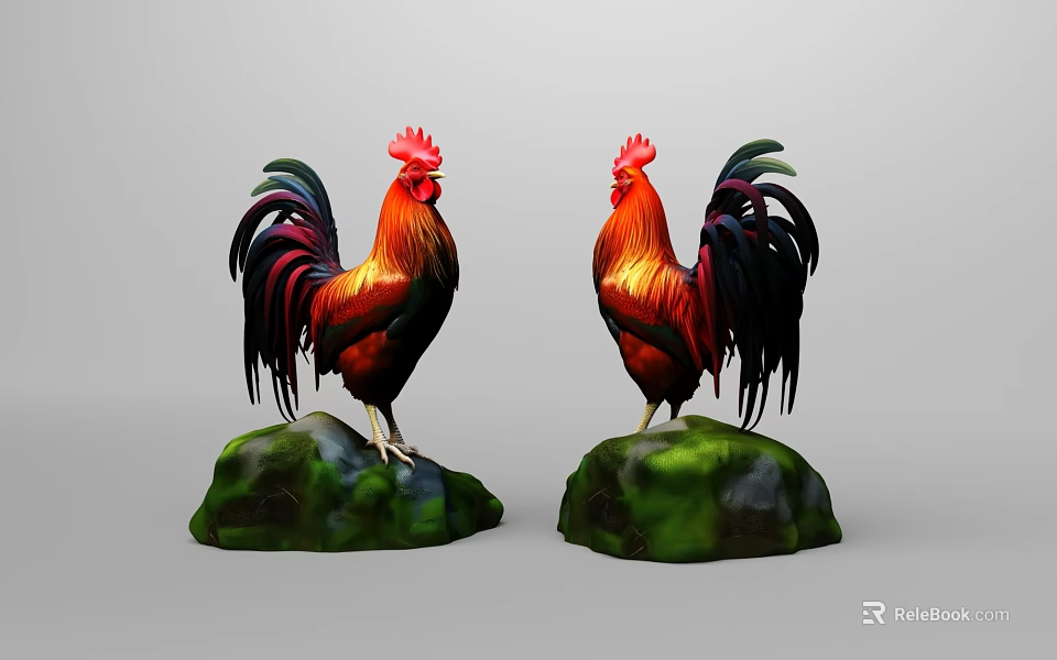 Two Vibrant Roosters With Red Feathers Standing On Green Rocks 3d model 