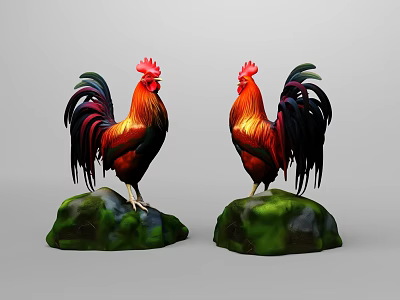 Two Vibrant Roosters With Red Feathers Standing On Green Rocks 3d model
