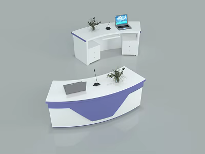 Curved Functional Desk With White and Purple Finish Drawers Laptop Microphone and Potted Plant 3d model