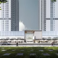 Modern Sales Office Building With Glass Curtain Walls Urban Street Pedestrians And Vehicles