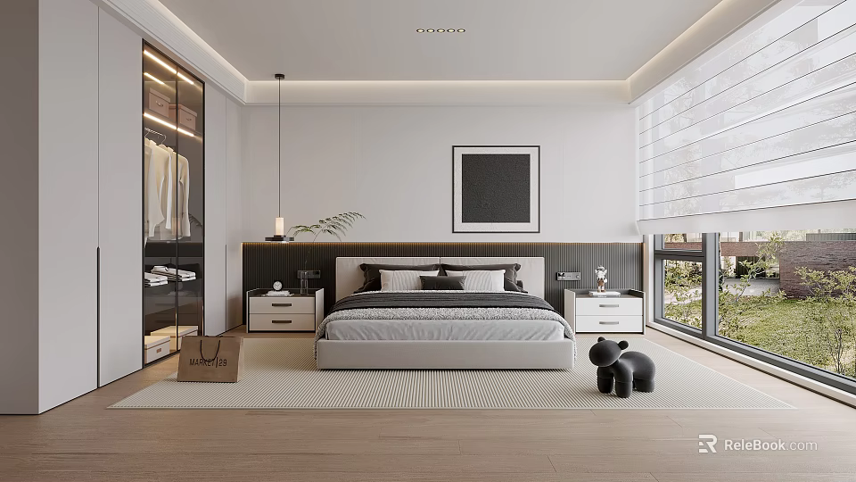 Modern Bedroom Interior Design With Minimalist Large Bed Nightstands Wardrobe And Floor To Ceiling Window 3d model 