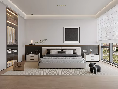 Modern Bedroom Interior Design With Minimalist Large Bed Nightstands Wardrobe And Floor To Ceiling Window 3d model