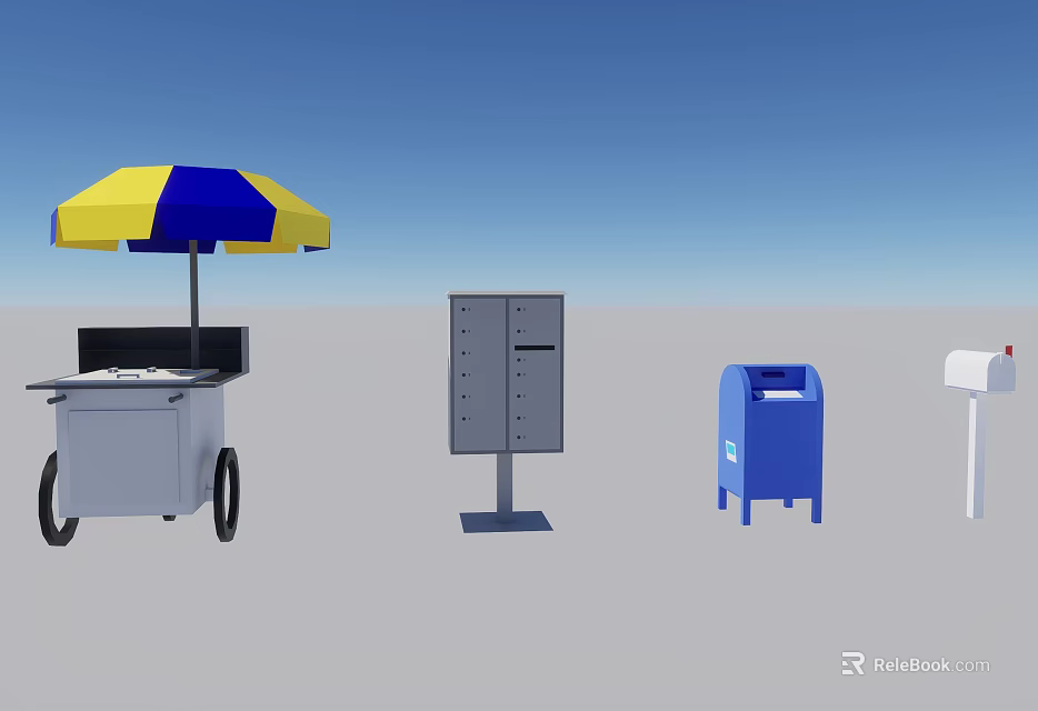 Industrial Equipment With Blue Yellow Striped Umbrella Cart Gray Storage Cabinet And Blue Mailbox 3d model 