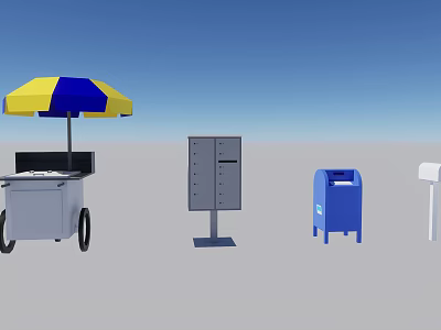 Industrial Equipment With Blue Yellow Striped Umbrella Cart Gray Storage Cabinet And Blue Mailbox 3d model