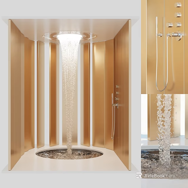 Modern Luxury Shower Sauna Interior Design With Gold Panel Walls And Waterfall Shower Head 3d model 