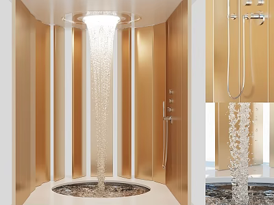 Modern Luxury Shower Sauna Interior Design With Gold Panel Walls And Waterfall Shower Head 3d model